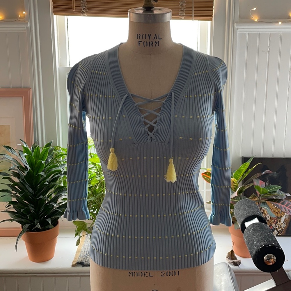 Sandro Paris blue and yellow 3/4 sleeve top